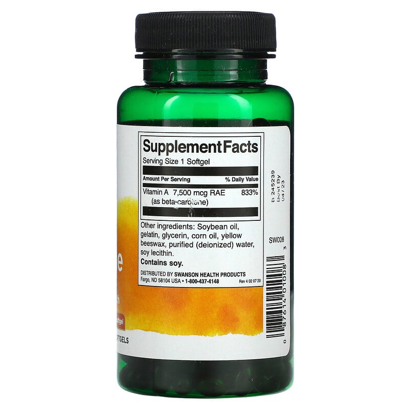Swanson, Beta Carotene, 25,000 IU (7,500 mcg RAE), 300 Softgels 87614010083