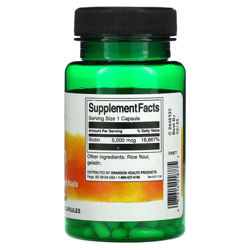 Swanson, Biotin, 5,000 mcg, 100 Capsules 87614018775