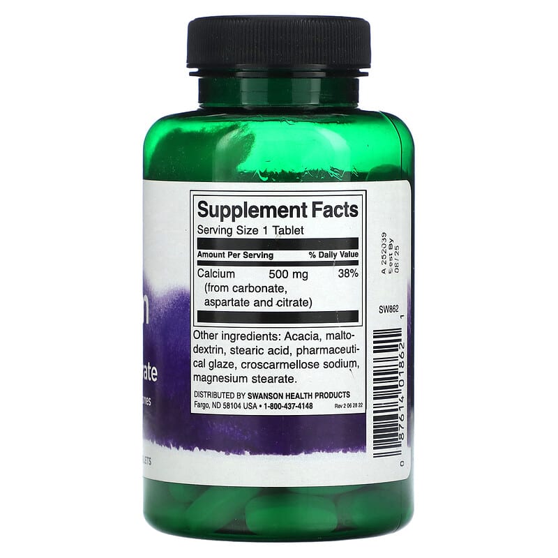 Swanson, Calcium Carbonate, Aspartate & Citrate, 500 mg, 100 Tablets 87614018621