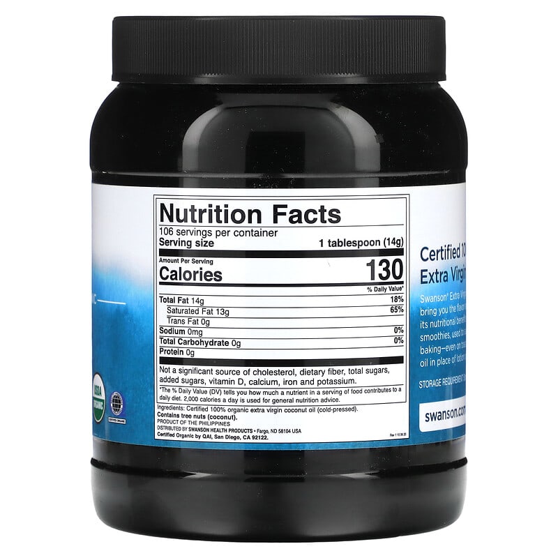 Swanson, Certified 100% Organic Extra Virgin Coconut Oil, 3 lbs 6 oz (1.53 kg) 87614241258