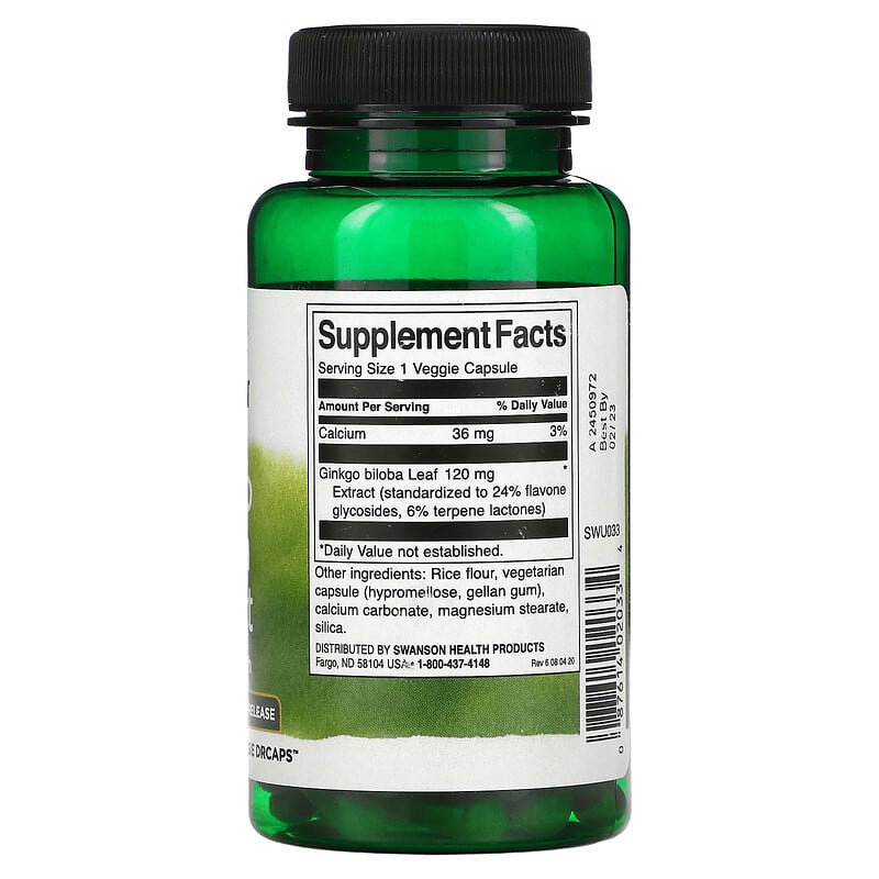 Swanson, Ginkgo Biloba Extract, 120 mg, 100 Veggie DRcaps 87614020334