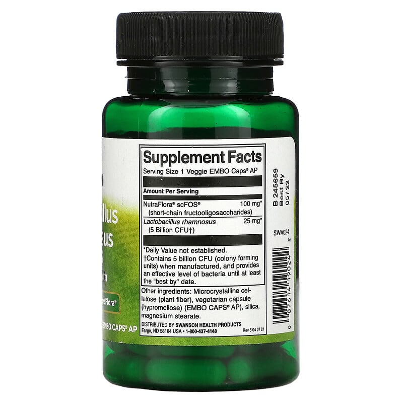 Swanson, Lactobacillus Rhamnosus With FOS, 5 Billion CFU, 60 Veggie Embo Caps 87614190242