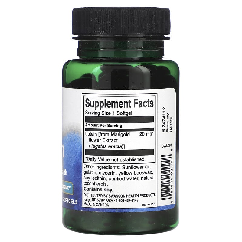 Swanson, Lutein, High Potency, 20 mg, 120 Softgels 87614029948