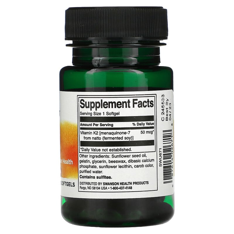 Swanson, Natural Vitamin K2, 50 mcg, 30 Softgels 87614026718