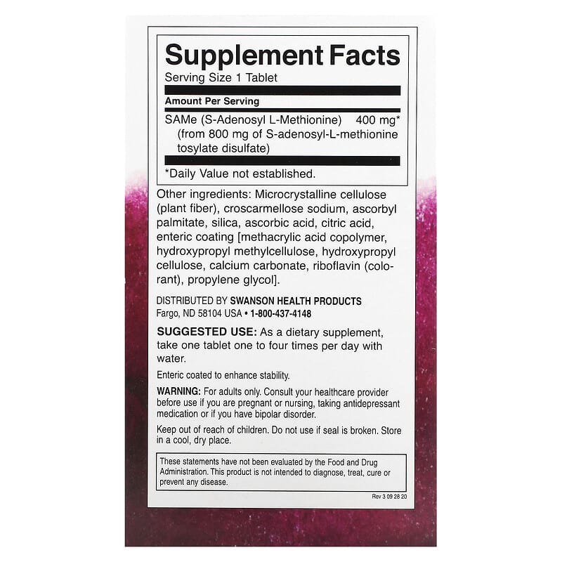 Swanson, SAMe, High Potency, 400 mg, 30 Tablets 87614022185