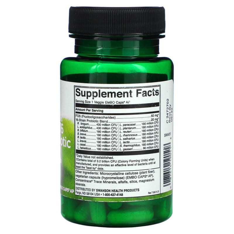 Swanson, Ultimate 16 Strain Probiotic With FOS, 3.2 Billion CFU, 60 Veggie EMBO Caps AP 87614190518