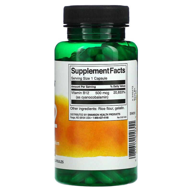 Swanson, Vitamin B12, 500 mcg, 260 Capsules 87614010311