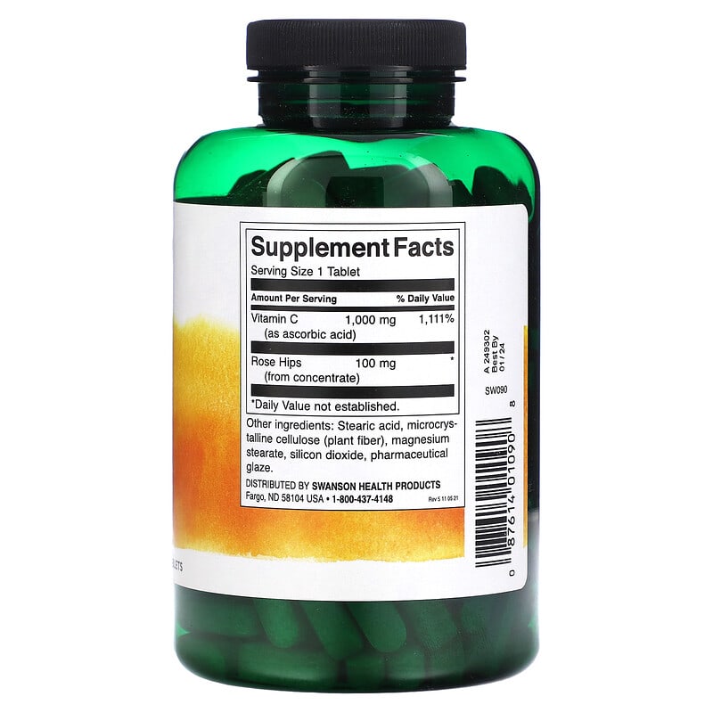 Swanson, Vitamin C With Rose Hips, 1,000 mg, 250 Tablets 87614010908