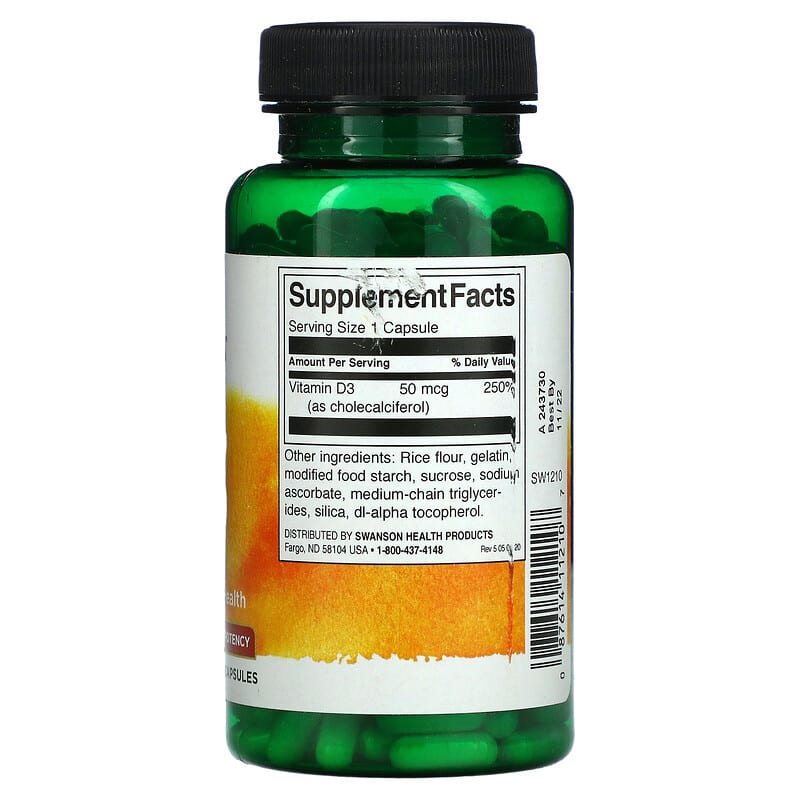 Swanson, Vitamin D3,  2,000 IU, 250 Capsules 87614112107