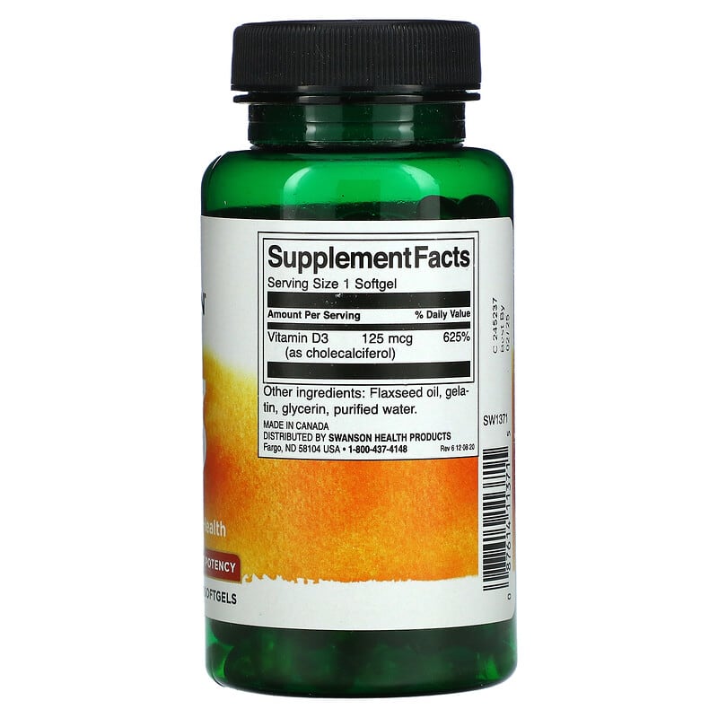 Swanson, Vitamin D3, Bone and Immune, Highest Potency, 5,000 IU, 250 Softgels 87614113715