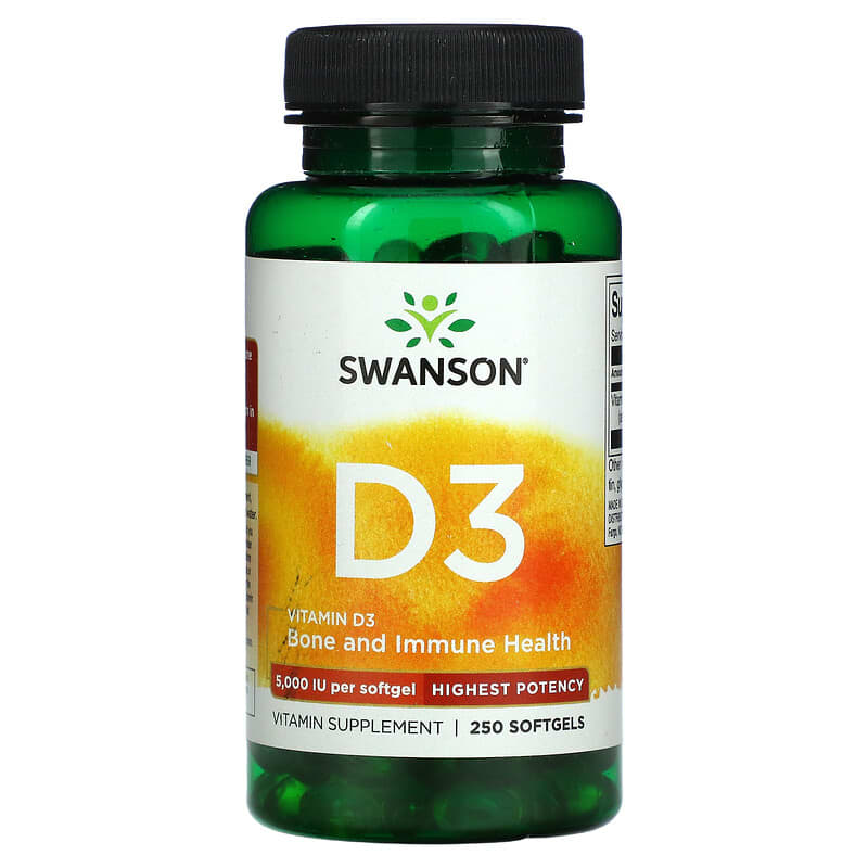Swanson Vitamin D3 Bone and Immune Highest Potency 5,000 IU 250 Softgels 87614113715