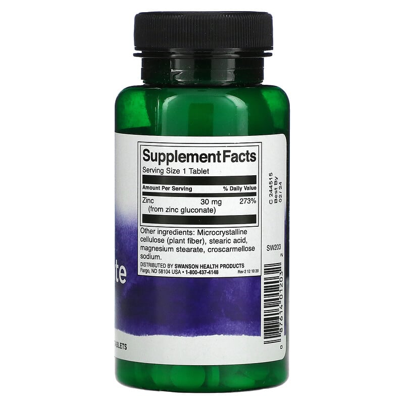 Swanson, Zinc Gluconate, 30 mg, 250 Tablets 87614012032