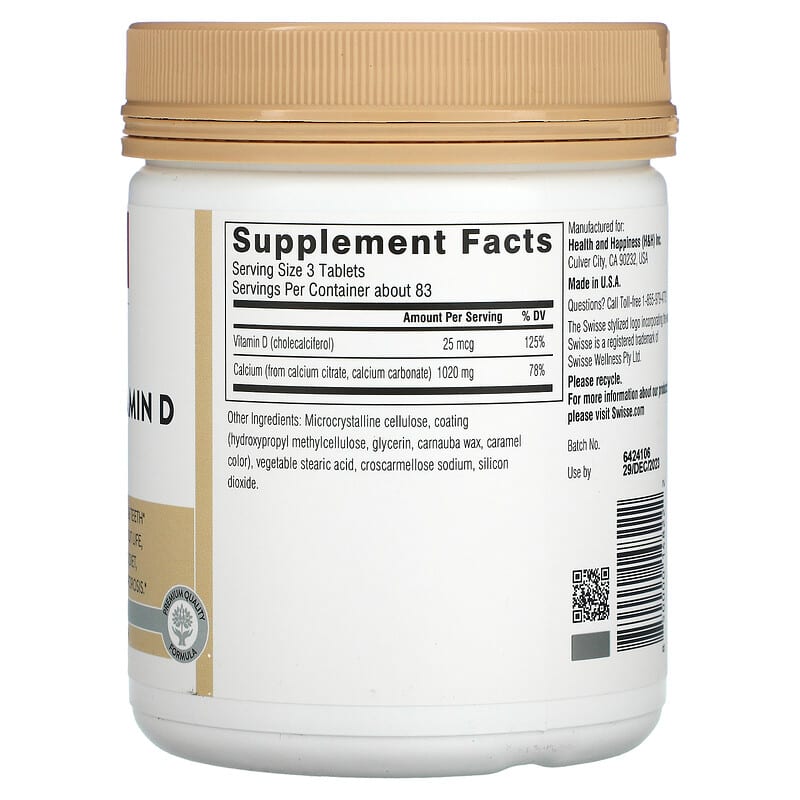 Swisse, Ultiboost, Calcium + Vitamin D, 250 Tablets 850000148222