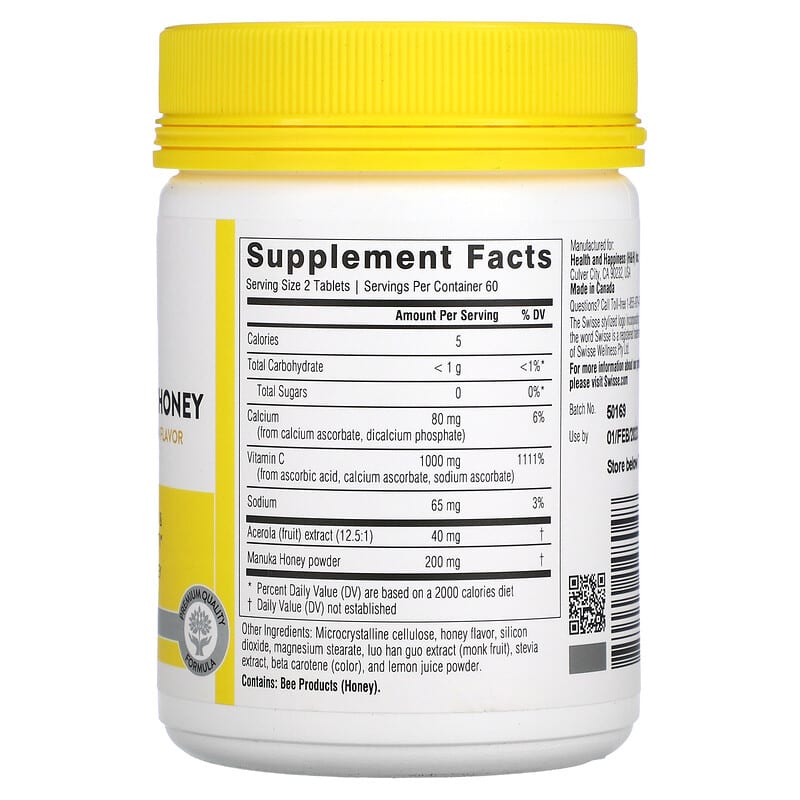 Swisse, Ultiboost, Vitamin C + Manuka Honey, Natural Honey & Lemon, 120 Chewable Tablets 850000148048