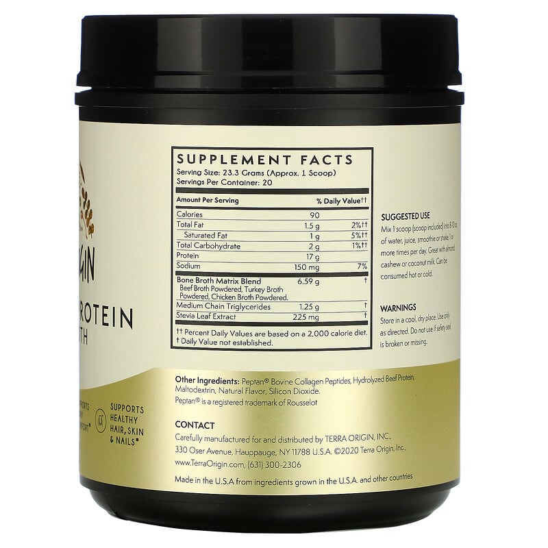 Terra Origin, Collagen + Protein Bone Broth, Vanilla, 16.43 oz (466 g) 857668007106
