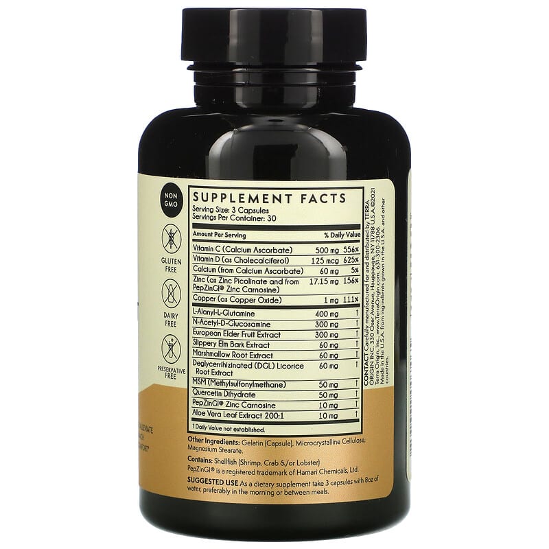 Terra Origin, Healthy Gut Capsules with Immunity Boost Vitamin C & D, 90 Capsules 857668007465