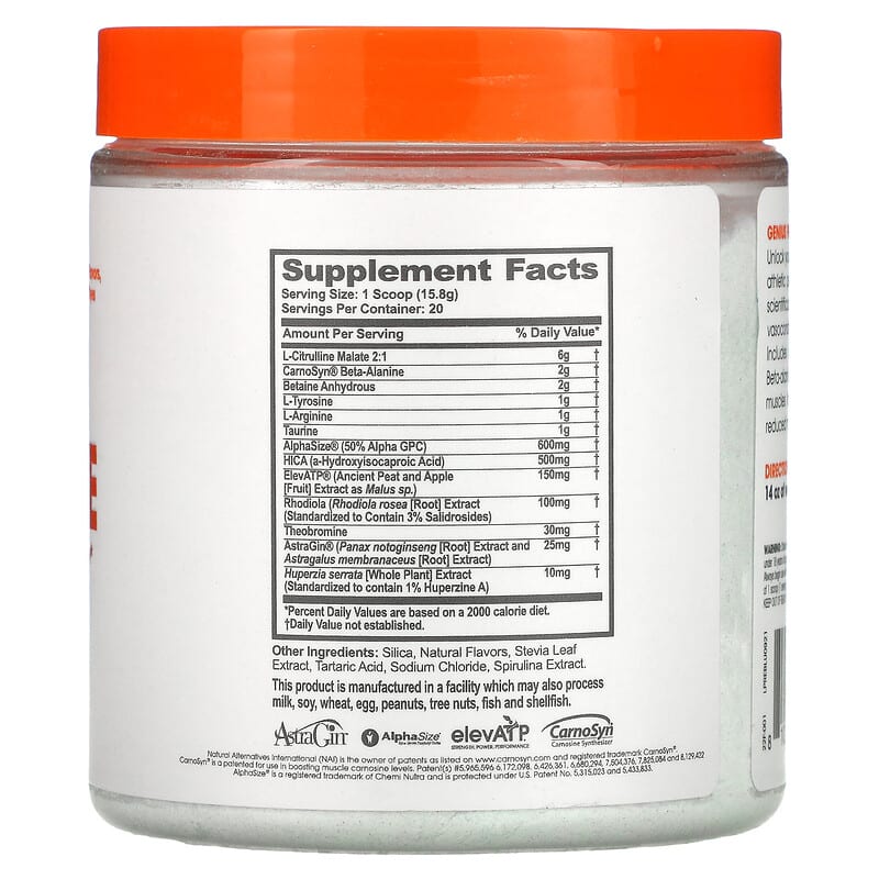 The Genius Brand, Genius Pre, Pre-Workout Powerhouse, Blue Raspberry, 11.15 oz (316 g) 810037680706