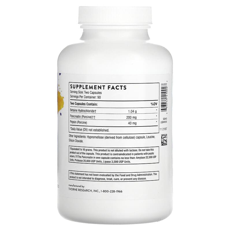 Thorne, B.P.P. (Betaine/Pepsin/Pancreatin), Digestive Enzymes, 180 Capsules 693749410027