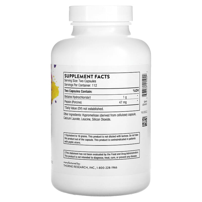 Thorne, Betaine HCL & Pepsin, 225 Capsules 693749415022