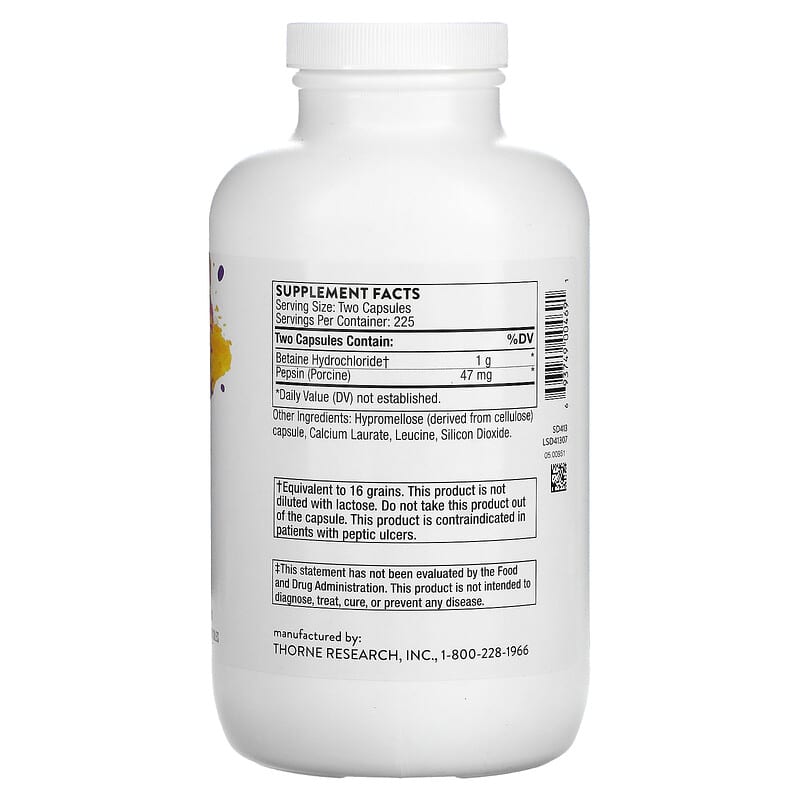 Thorne, Betaine HCL & Pepsin, 450 Capsules 693749004691