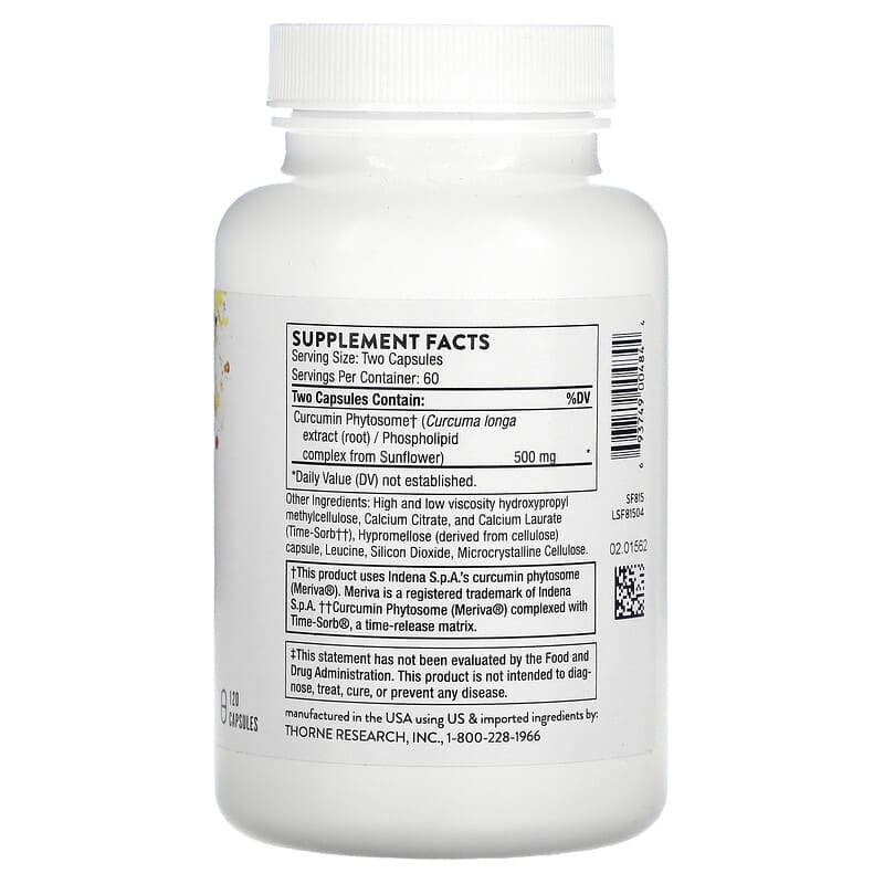 Thorne, Curcumin Phytosome, Sustained Release, 500 mg, 120 Capsules 693749004844