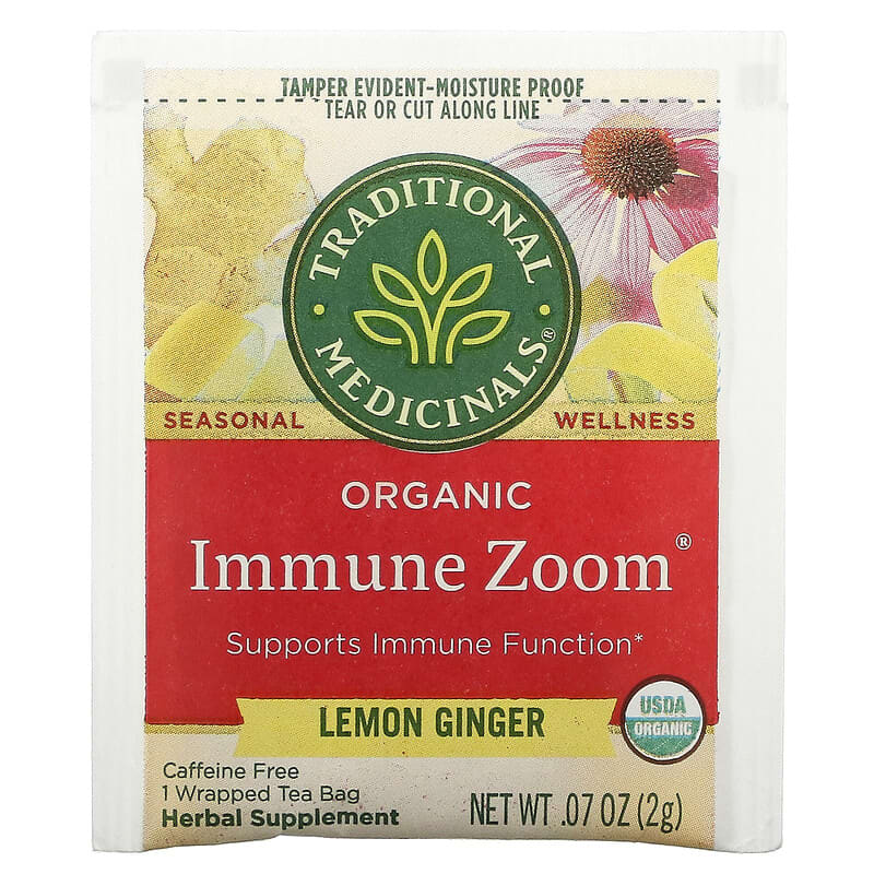 Traditional Medicinals, Organic Immune Zoom, Lemon Ginger, Caffeine Free, 16 Wrapped Tea Bags, 1.13 oz (32 g) 32917007841