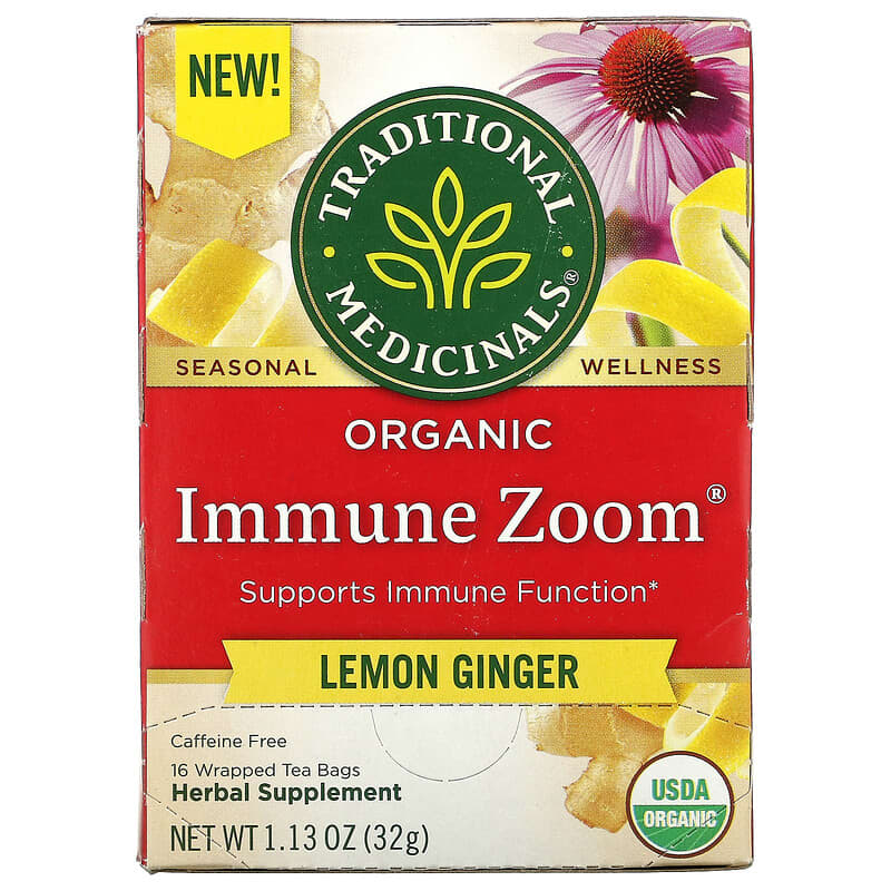 Traditional Medicinals Organic Immune Zoom Lemon Ginger Caffeine Free 16 Wrapped Tea Bags 1.13 oz (32 g) 32917007841