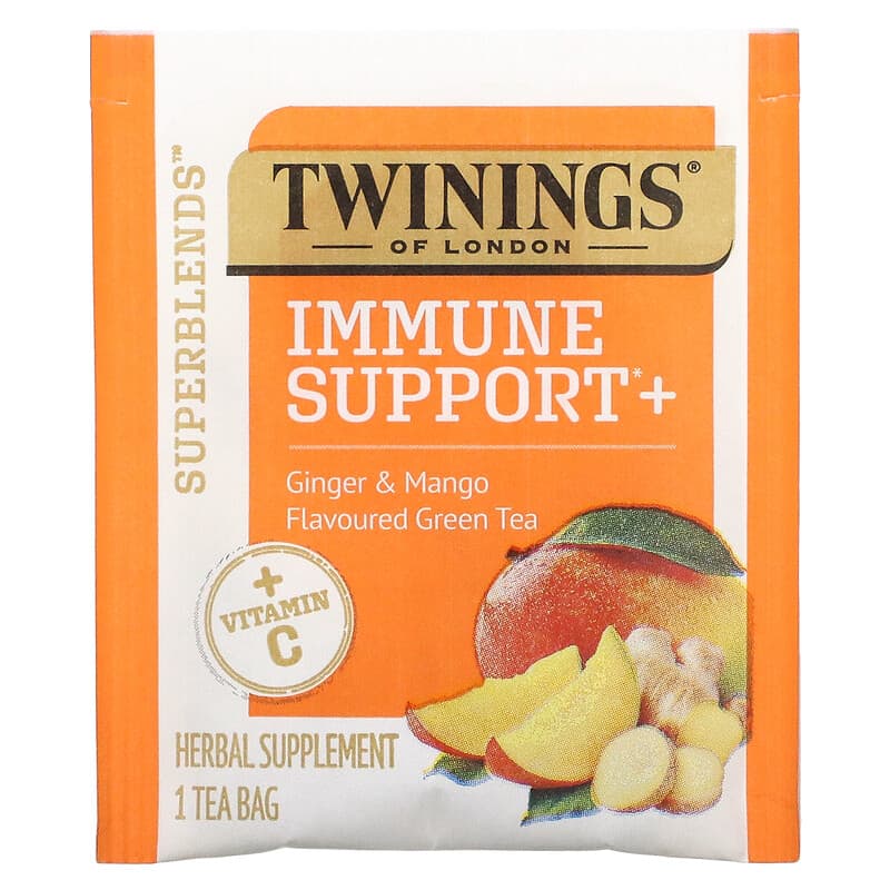 Twinings, Immune Support+ Green Tea, Ginger & Mango, 16 Tea Bags, 1.12 oz (32 g) 70177229320