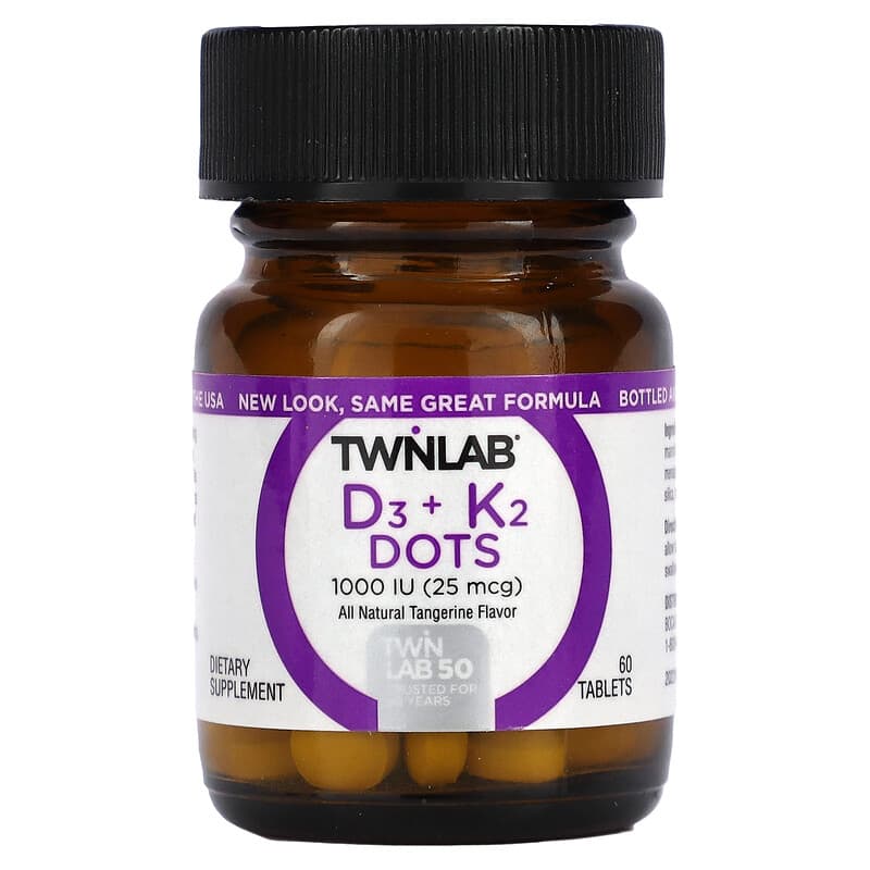 Twinlab, D3 Dots + K2, All-Natural Tangerine, 1000 IU (25 mcg) , 60 Tablets 27434031622