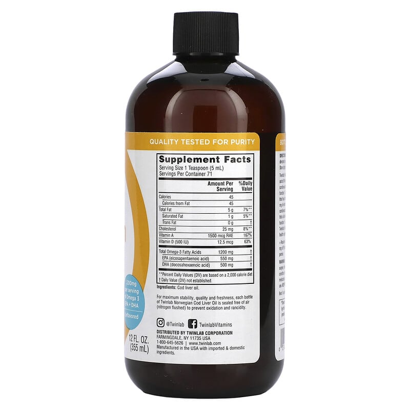 Twinlab, Norwegian Cod Liver Oil, Unflavored, 12 fl oz (355 ml) 27434012249