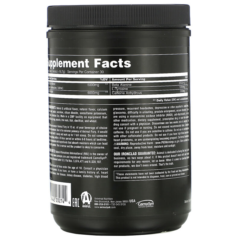 Universal Nutrition, Animal Fury, Lemonade, 1.1 lb (501 g) 39442032744