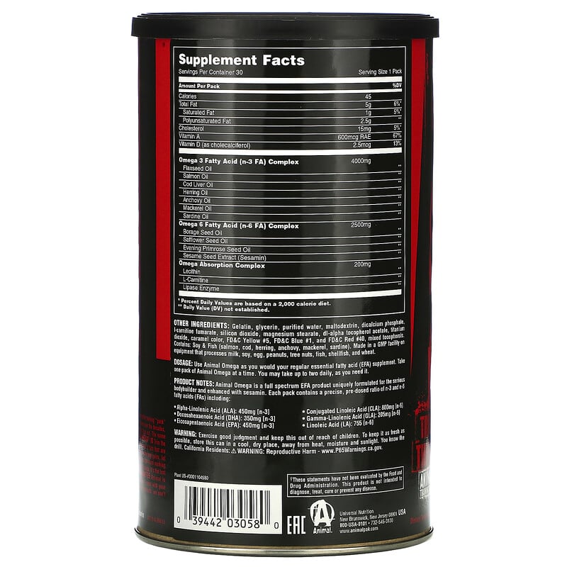 Universal Nutrition, Animal Omega, The Essential EFA Stack, 30 Packs 39442030580
