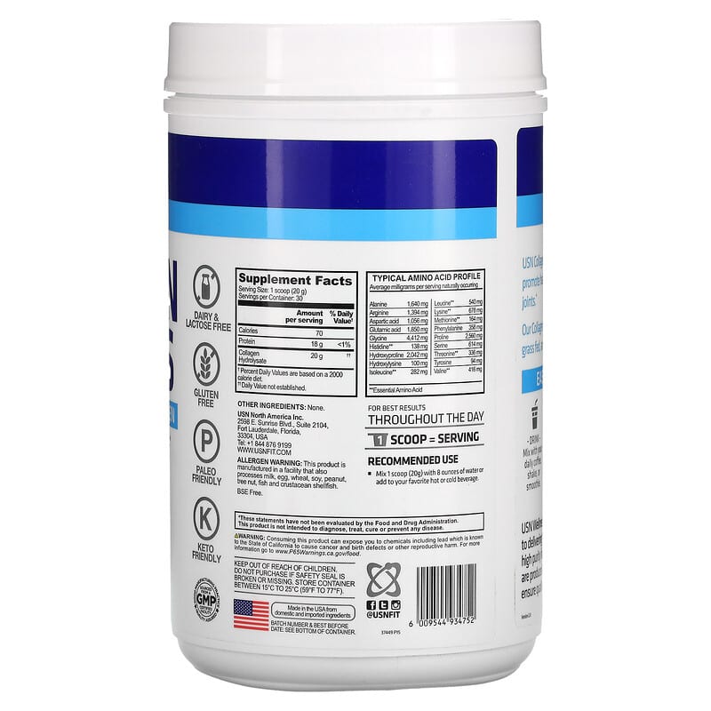 USN, Collagen Peptides, Unflavored, 21.16 oz (600 g) 6009544934752
