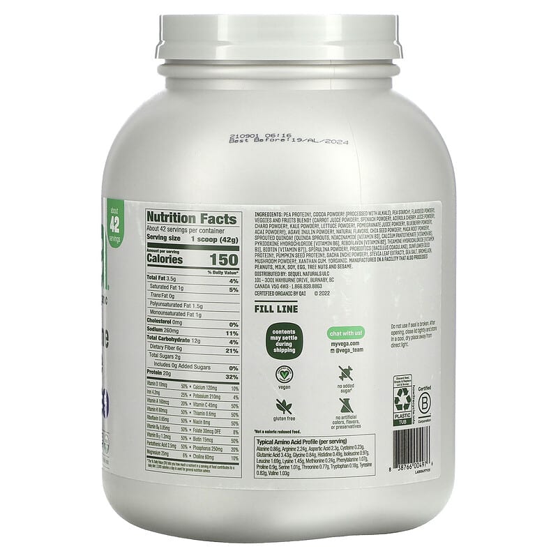 Vega, Plant-Based, All-In-One Shake, Chocolate, 61.8 oz (1.7 kg) 838766004976