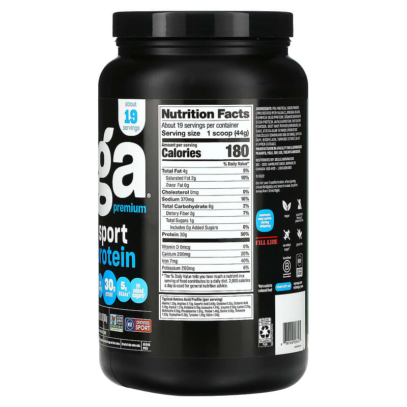 Vega, Sport, Plant-Based Premium Protein Powder, Chocolate, 1 lb 13.5 oz (837 g) 838766008561