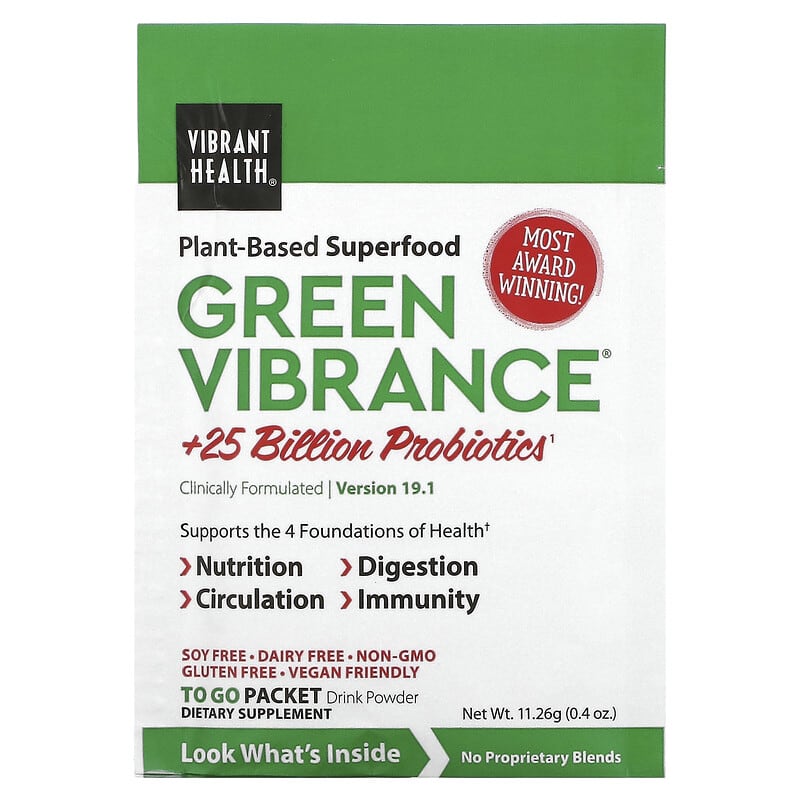 Vibrant Health, Green Vibrance +25 Billion Probiotics, Version 19.0, 15 Packets, 5.96 oz (168.9 g) 74306800213
