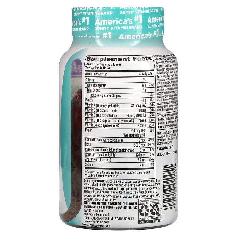 VitaFusion, Gorgeous Hair, Skin & Nails Multivitamin, Natural Raspberry, 100 Gummies 27917020051