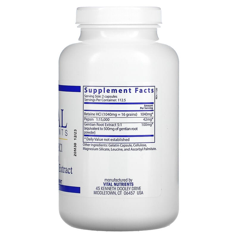 Vital Nutrients, Betaine HCl, Pepsin, Gentian Root Extract, 225 Capsules 693465425114