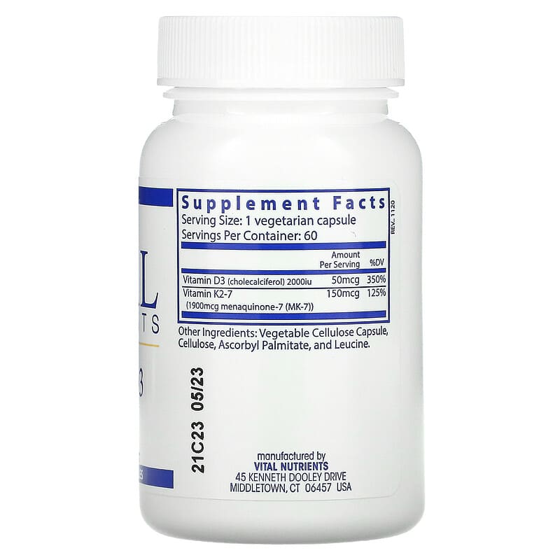 Vital Nutrients, K2-7 + D3, 60 Vegetarian Capsules 693465549117