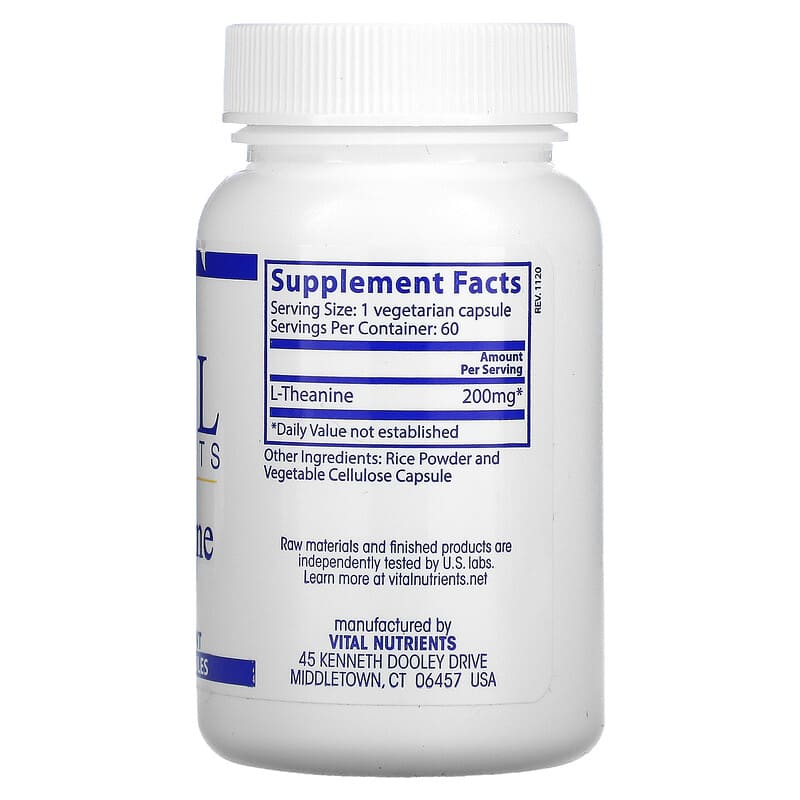 Vital Nutrients, L- Theanine, 200 mg, 60 Vegetarian Capsules 693465263112