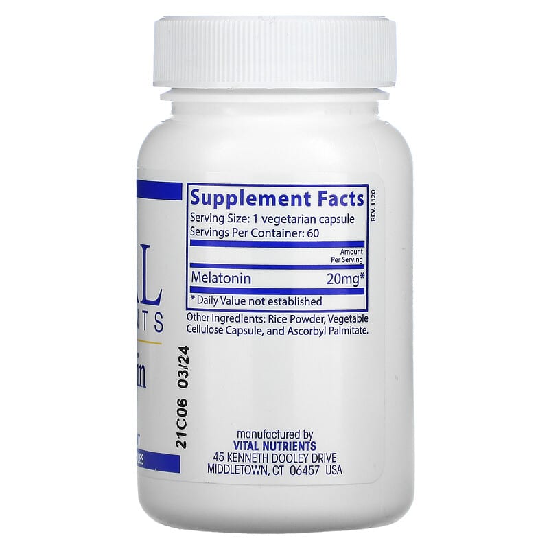 Vital Nutrients, Melatonin, 20 mg, 60 Vegetarian Capsules 693465419113