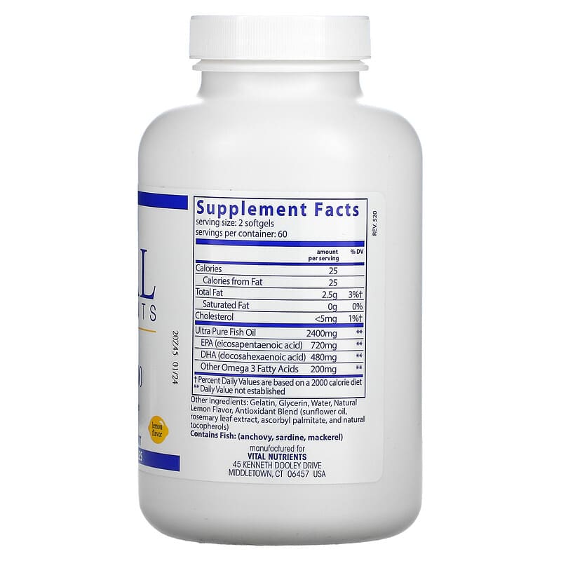 Vital Nutrients, Ultra Pure Fish Oil 700, Lemon, 120 Softgel Capsules 693465428115