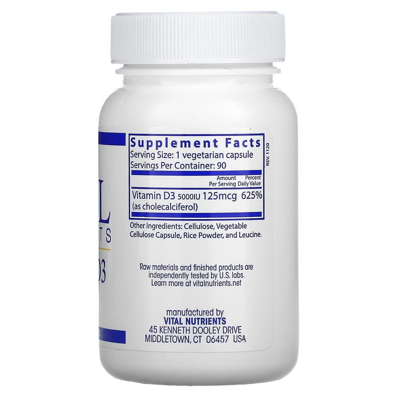 Vital Nutrients, Vitamin D3,  5,000 IU, 90 Vegetarian Capsules 693465539118