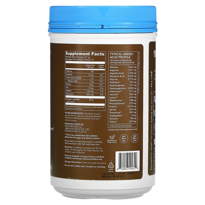 Vital Proteins, Collagen Peptides, Chocolate, 13.5 oz (383 g) 850026494310