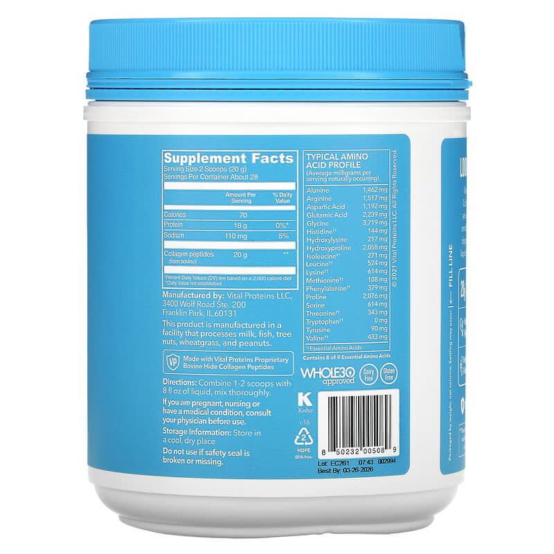Vital Proteins, Collagen Peptides, Unflavored, 1.25 lbs (567 g) 850232005089
