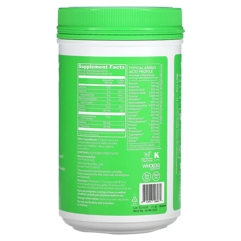 Vital Proteins, Matcha Collagen Latte, Unflavored, 11.6 oz (329 g) 857273008031