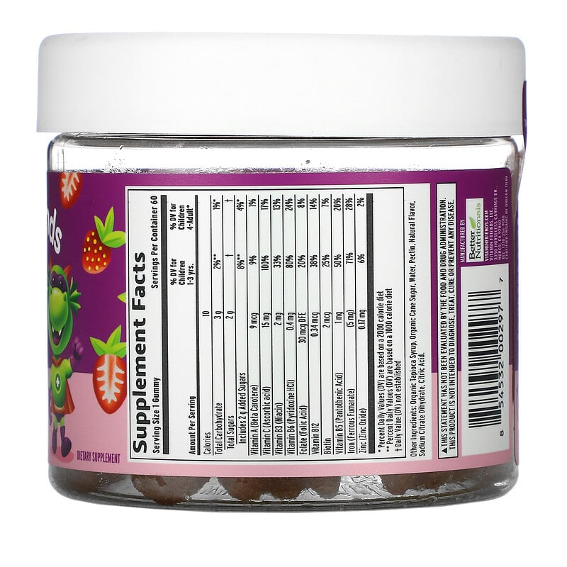 Vitamin Friends, Iron Vegan Gummies, Strawberry, 60 Pectin Gummies 854532002977