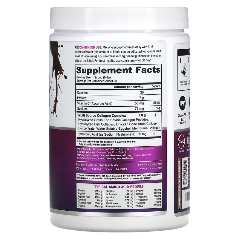 Vitauthority, Multi Collagen Protein Plus Vitamin C, Hyaluronic Acid, Chocolate, 9.3 oz (264 g) 856360008381