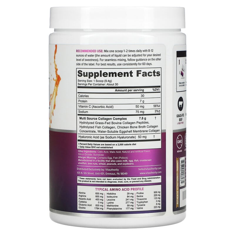 Vitauthority, Multi Collagen Protein Plus Vitamin C, Hyaluronic Acid, Tropical Punch, 9.9 oz (282 g) 856360008435