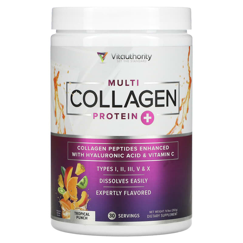 Vitauthority Multi Collagen Protein Plus Vitamin C Hyaluronic Acid Tropical Punch 9.9 oz (282 g) 856360008435